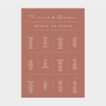Cartel de boda de panel ligero con seating plan Olga teja